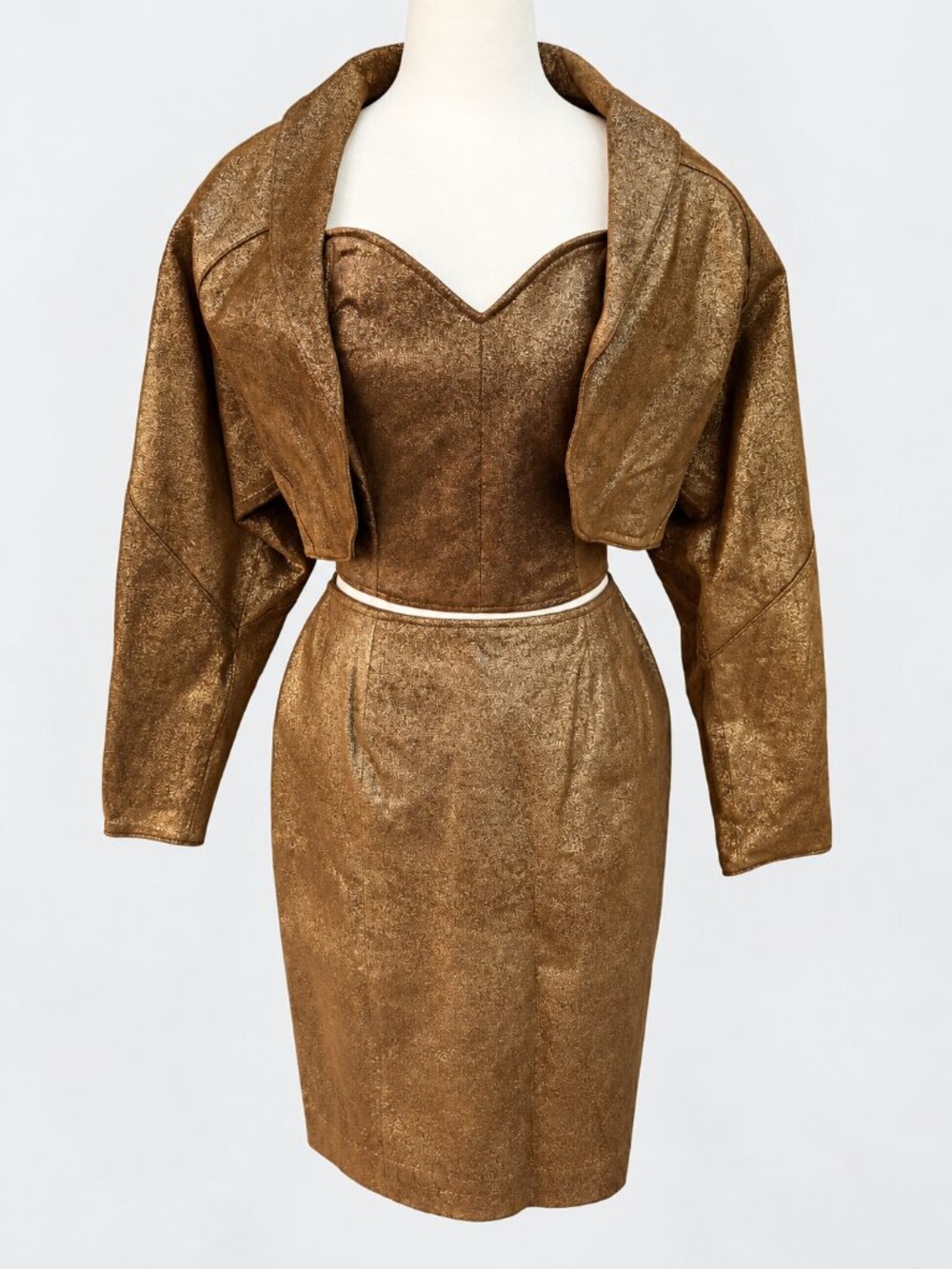 Pelle Studio Metallic Bronze Leather 3-Piece Set Skirt 12 Jacket M Bustier L